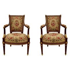 Pair Antique French Louis XVI Bronze D'ore Mounted Armchairs, Circa 1890's.