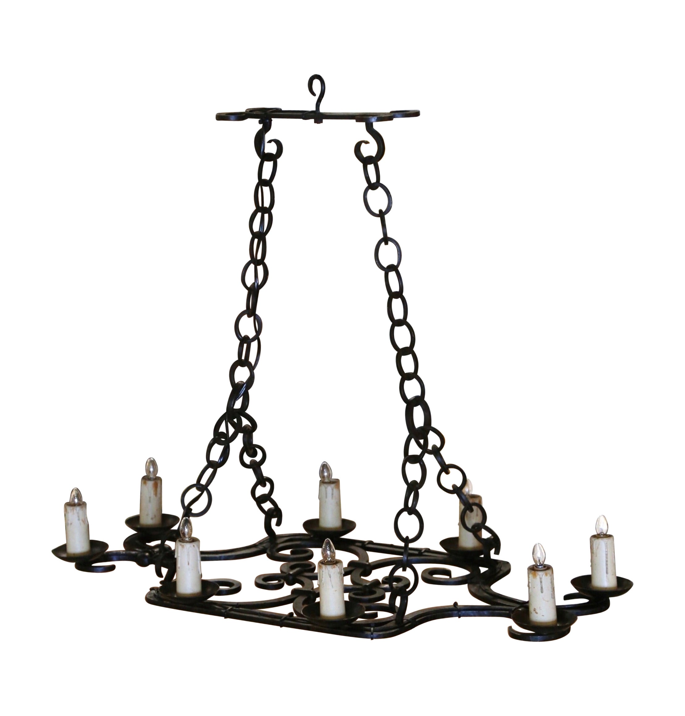 Early 20th Century French Wrought Iron 8-Light Flat Bottom Island Chandelier