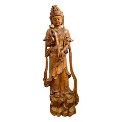 Antique Chinese Carved Wood Standing Sculpture of Quan Yin Figure, Circa 1890's.