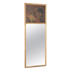 French Gold Trumeau Mirror with Painted Fruits and Parrot, circa 1890