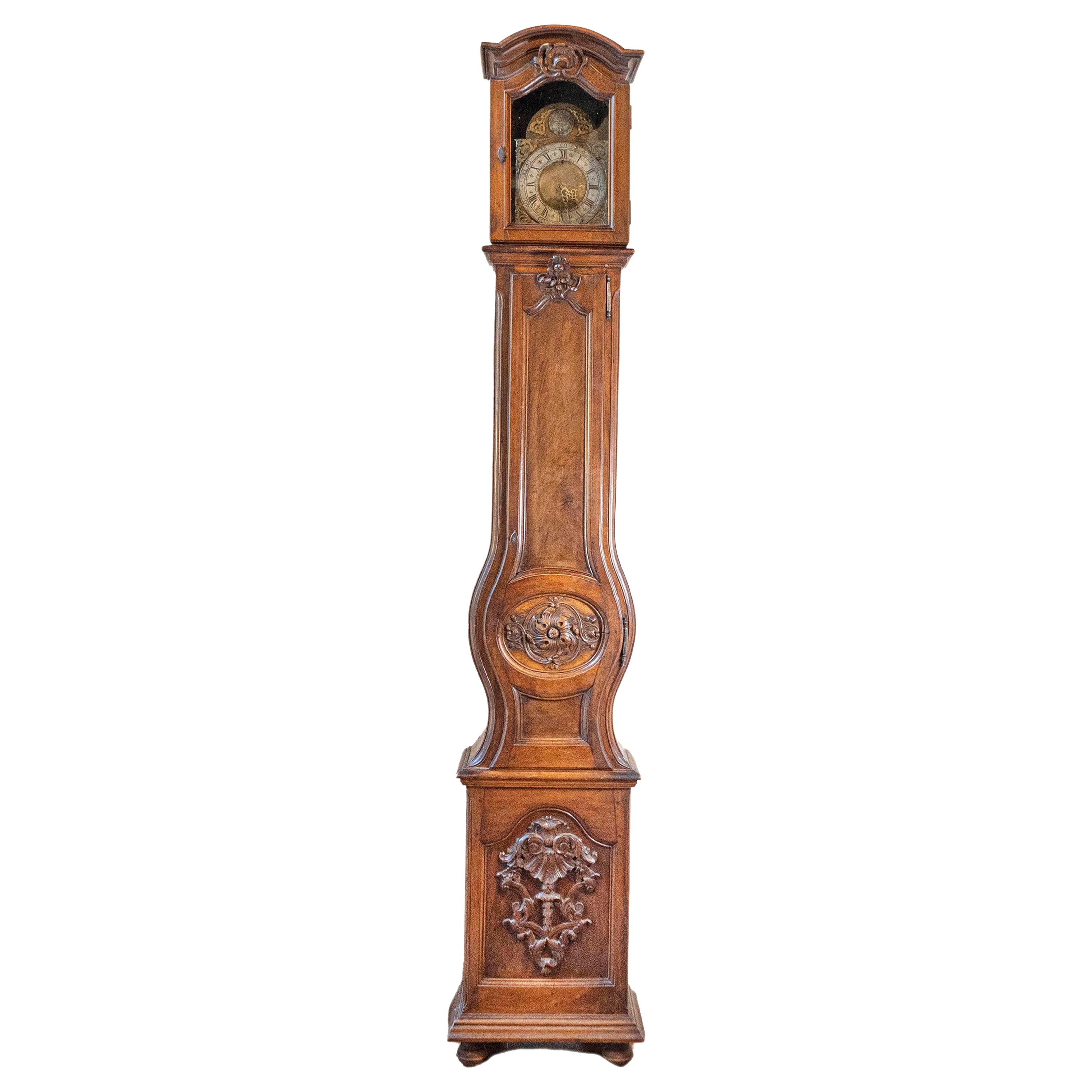 Pendule à long plateau en noyer d'époque Louis XV de la vallée du Rhône, vers 1760 en vente