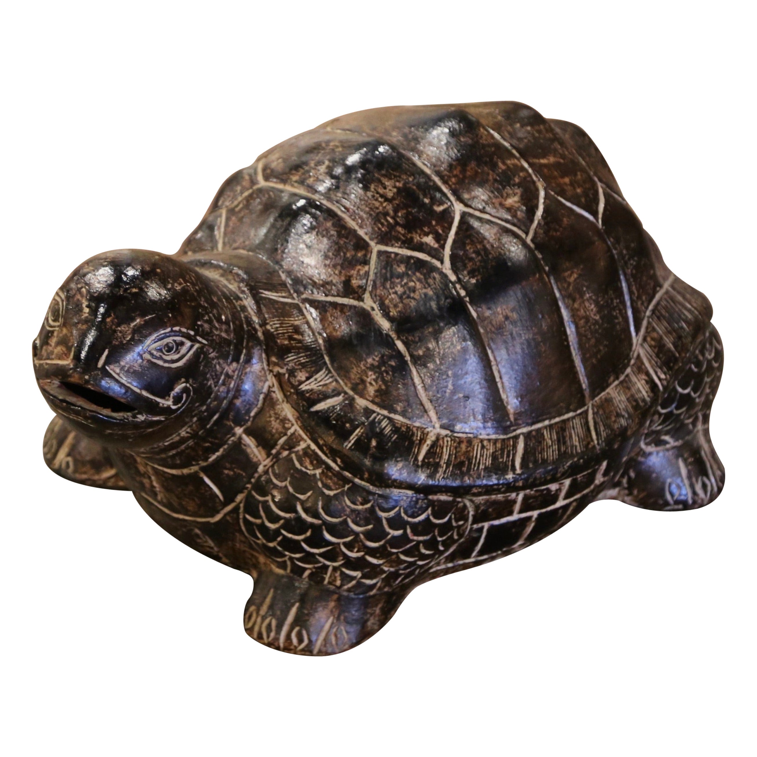 Large Vintage French Carved and Painted Terracotta Tortoise For Sale