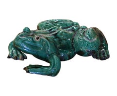 Vintage French Carved and Painted Terracotta Frog Sculpture