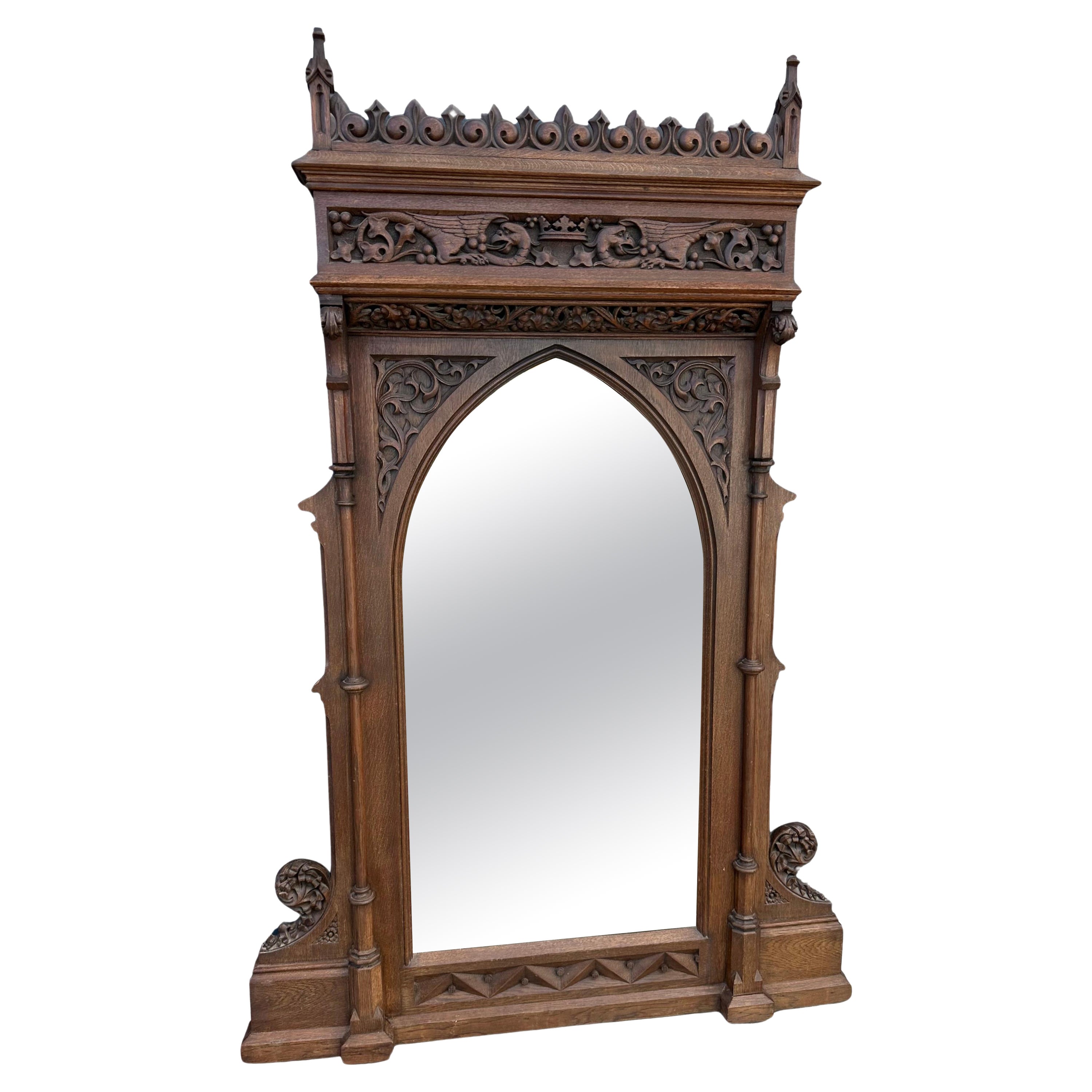 Stunning & Extra Large Oak Gothic Revival Wall Mirror with Phoenix Sculptures