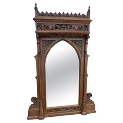 Stunning & Extra Large Oak Gothic Revival Wall Mirror with Phoenix Sculptures