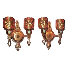 Pair Vintage Bronze 2 Bulb Sconce Lights w/ Mica 7 pr available. priced per pair