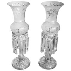 Antique Pair of English Cut Crystal Table Lamps With Original Globes, Circa 1840