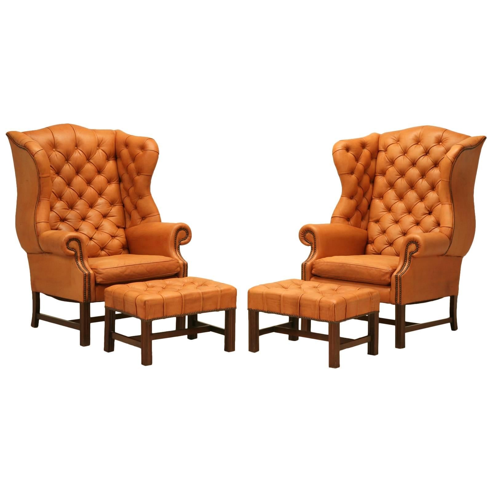 English Chesterfield Wingbacks with Matching Ottomans
