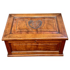 Rare Antique English Hand Carved Burr Walnut Monogrammed Box, Satin-Lined