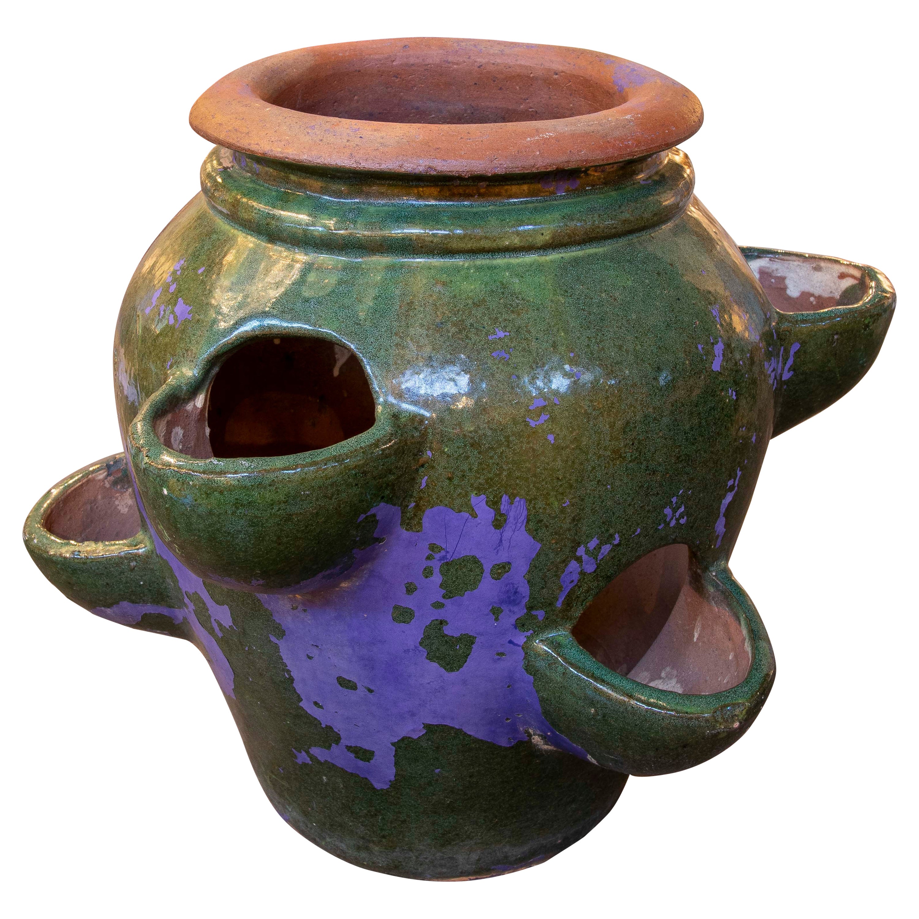 1940s Green Glazed Ceramic Spanish Pottery for Planting Strawberries