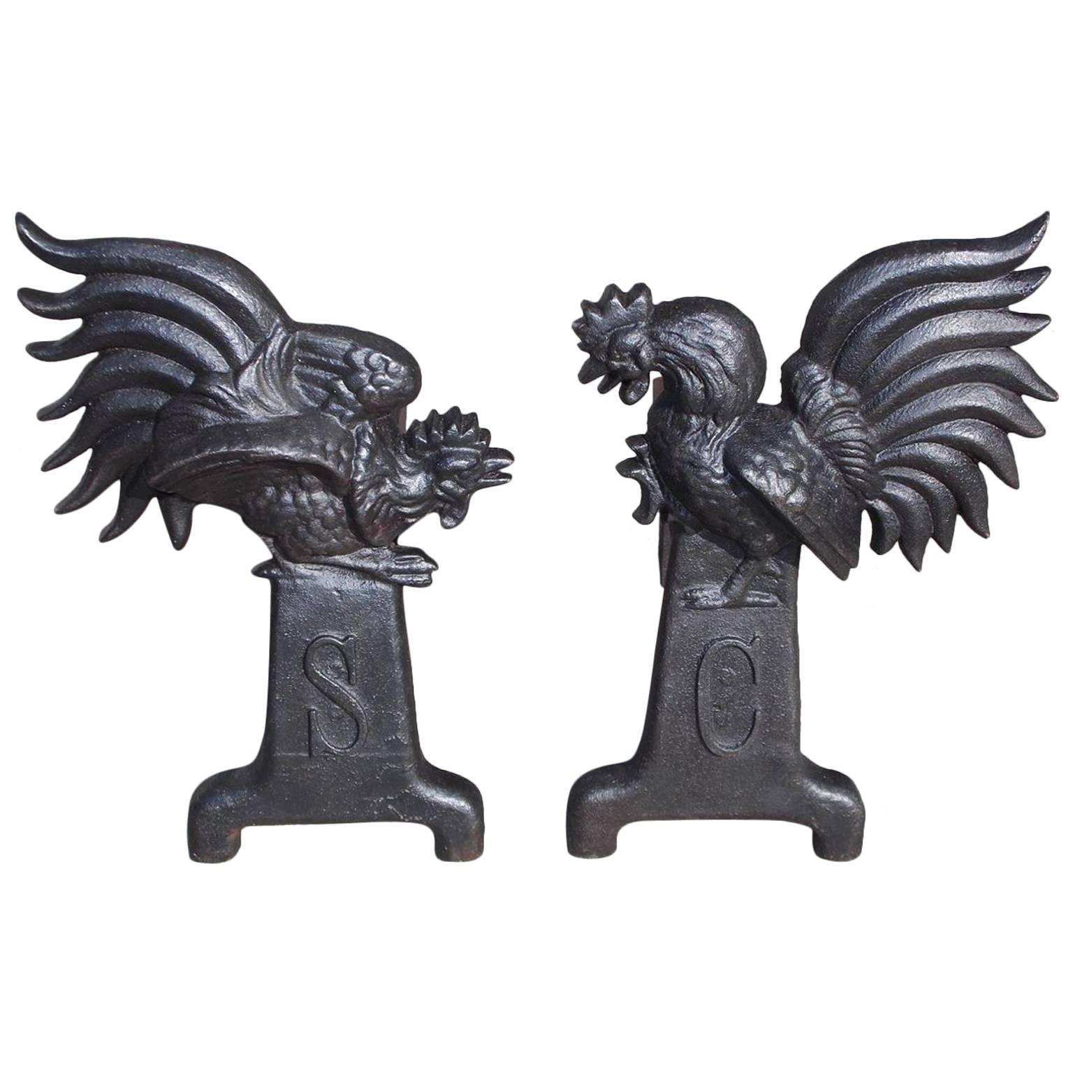 Pair of American Cast Iron Fighting Gamecock Andirons, Circa 1850