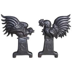 Pair of American Cast Iron Fighting Gamecock Andirons, Circa 1850