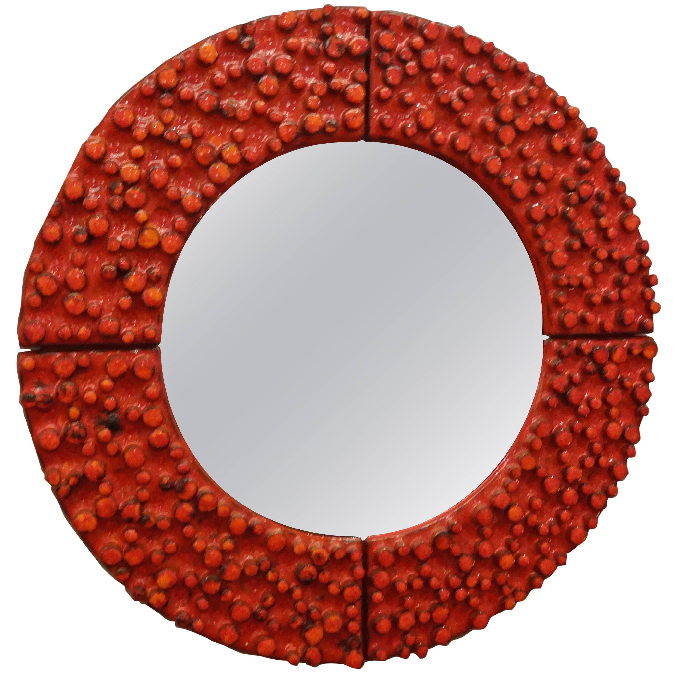 Amphora Round Mid-Century Wall Mirror Glazed Tile Framed France circa 1965 For Sale