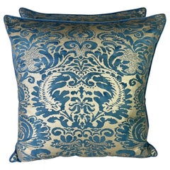Pair of Vibrant Blue & Gold Metallic Fortuny Textile Pillows