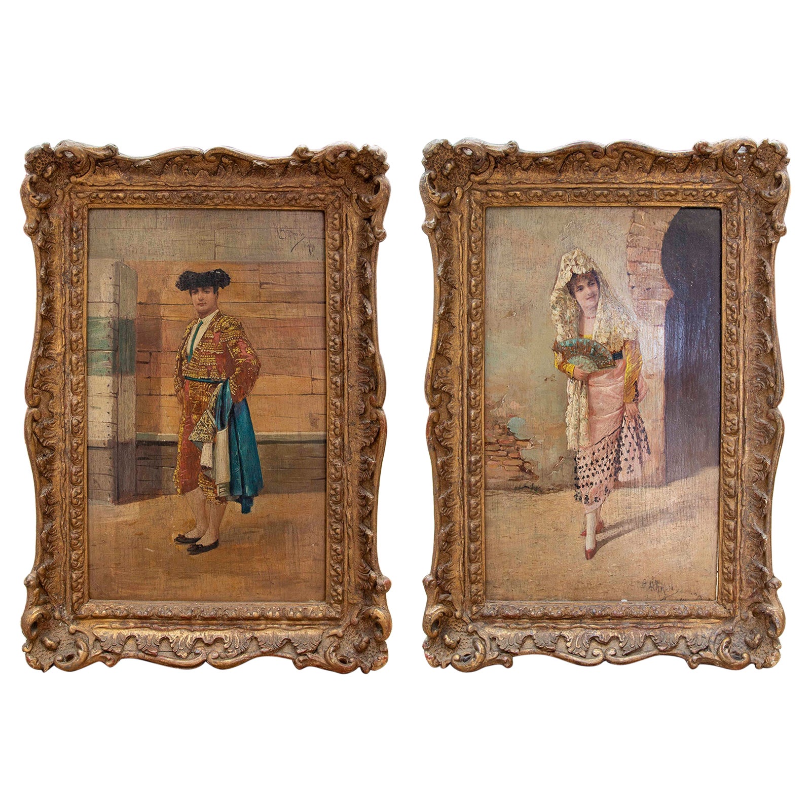 1850 Par de Cuadros Andaluces de Madera Enmarcados de un Torero y una Mujer