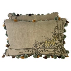 Pair of Custom Embroidered Linen Pillows w/ Tassel Fringe