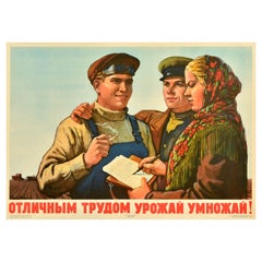 Poster di propaganda sovietica originale d'epoca Moltiplicare il raccolto Lavoro eccellente URSS