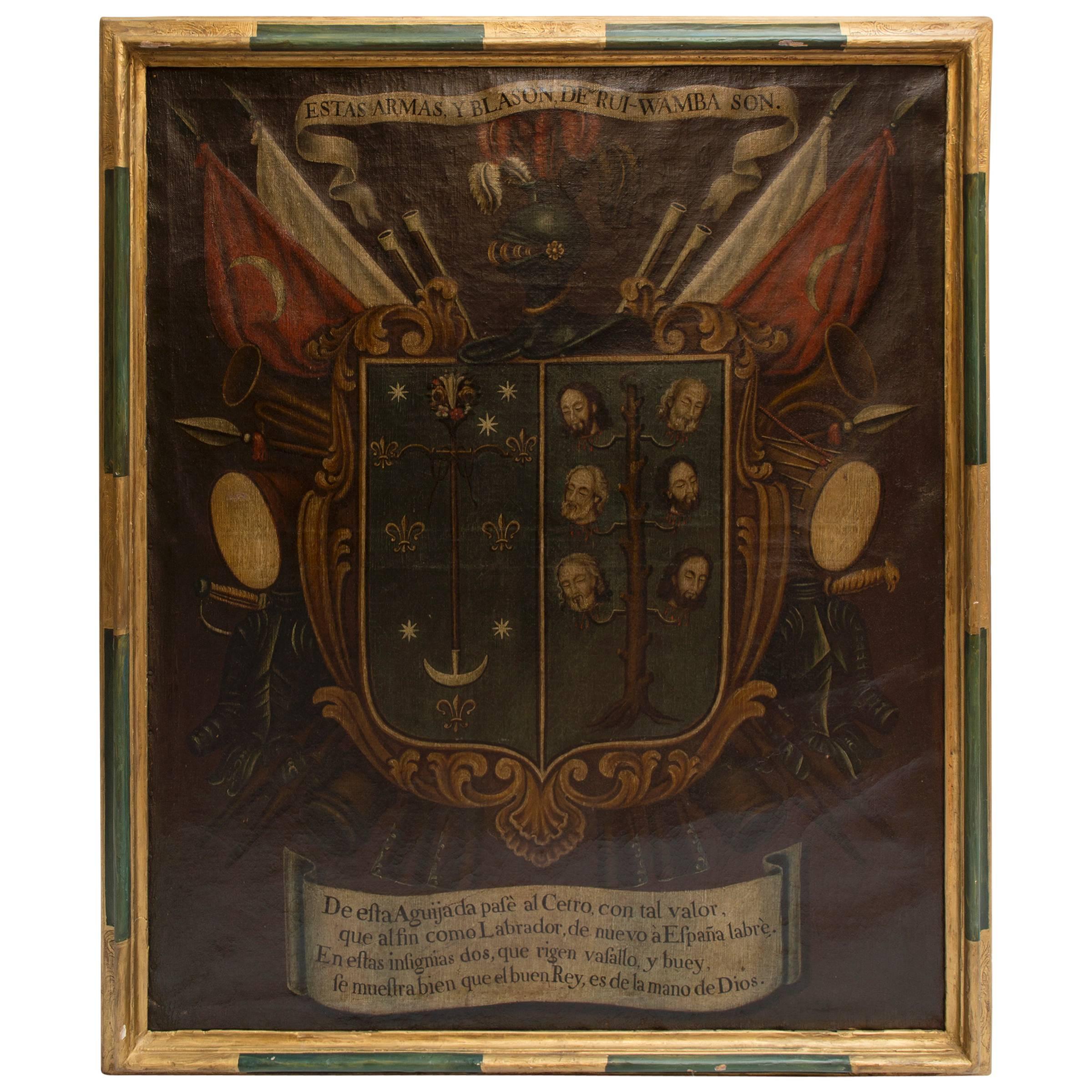 19th Century Oil Painting of Coat of Arms in Custom Green and Gilt Frame For Sale
