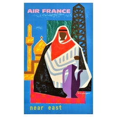 Poster pubblicitario d'epoca per i viaggi nel vicino Oriente Air France Guy Georget