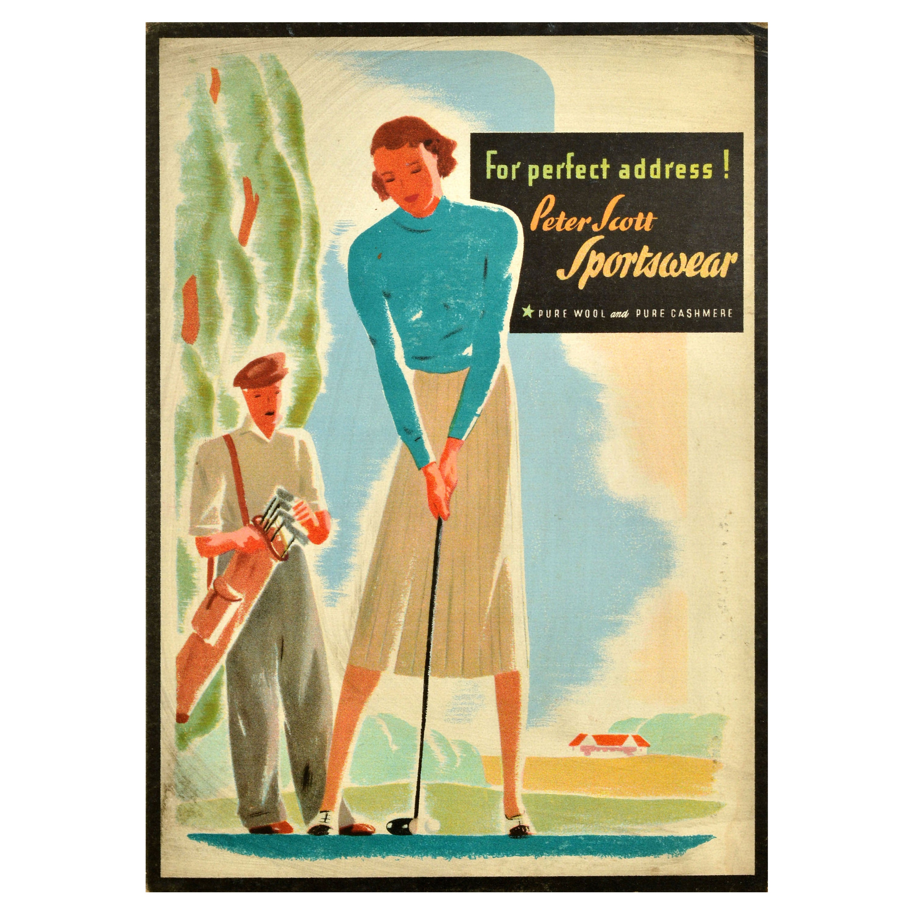 Affiche publicitaire originale de Peter Scott Sportswear Golf Perfect Address
