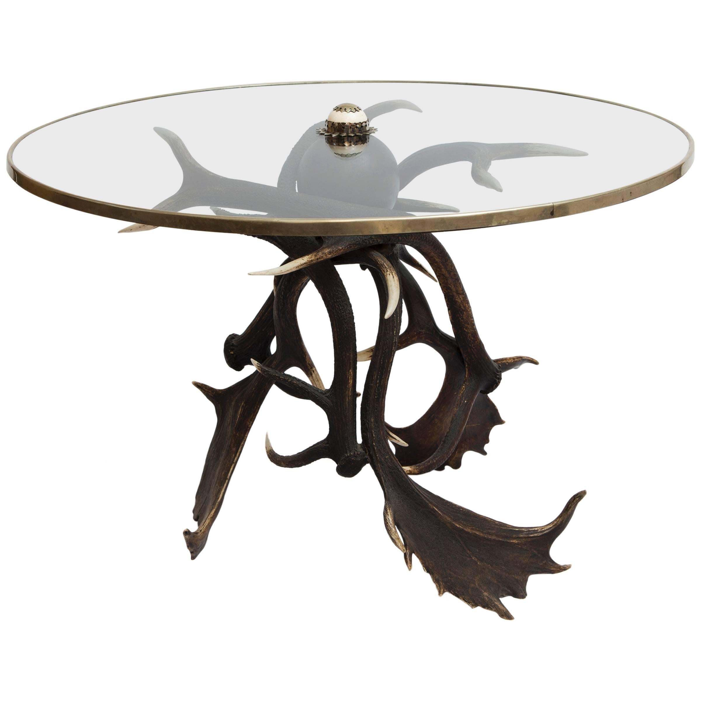 19th Century Antler Based Side Table with Glass Top in Brass Rim For Sale