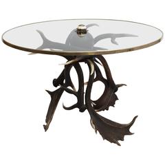 19th Century Antler Based Side Table with Glass Top in Brass Rim