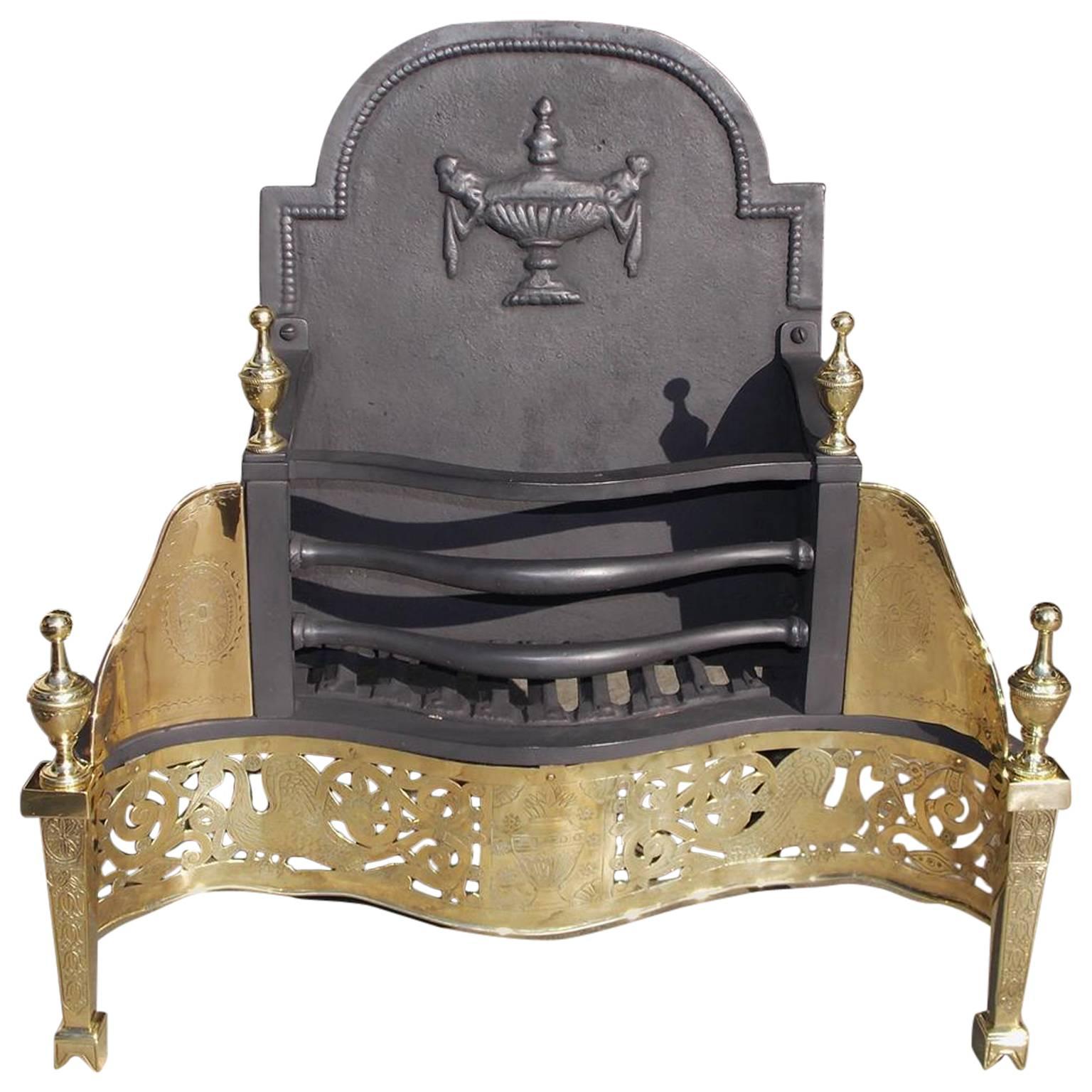 English Adam Cast Iron and Brass Hand Chased Coal Grate, Circa 1780