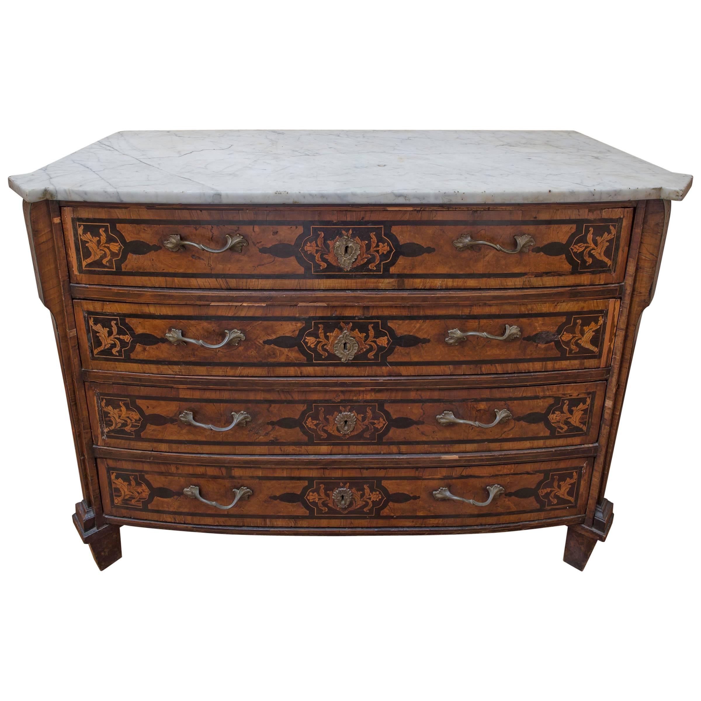 18th Century Italian Walnut Veneered Commode with White Marble Top For Sale