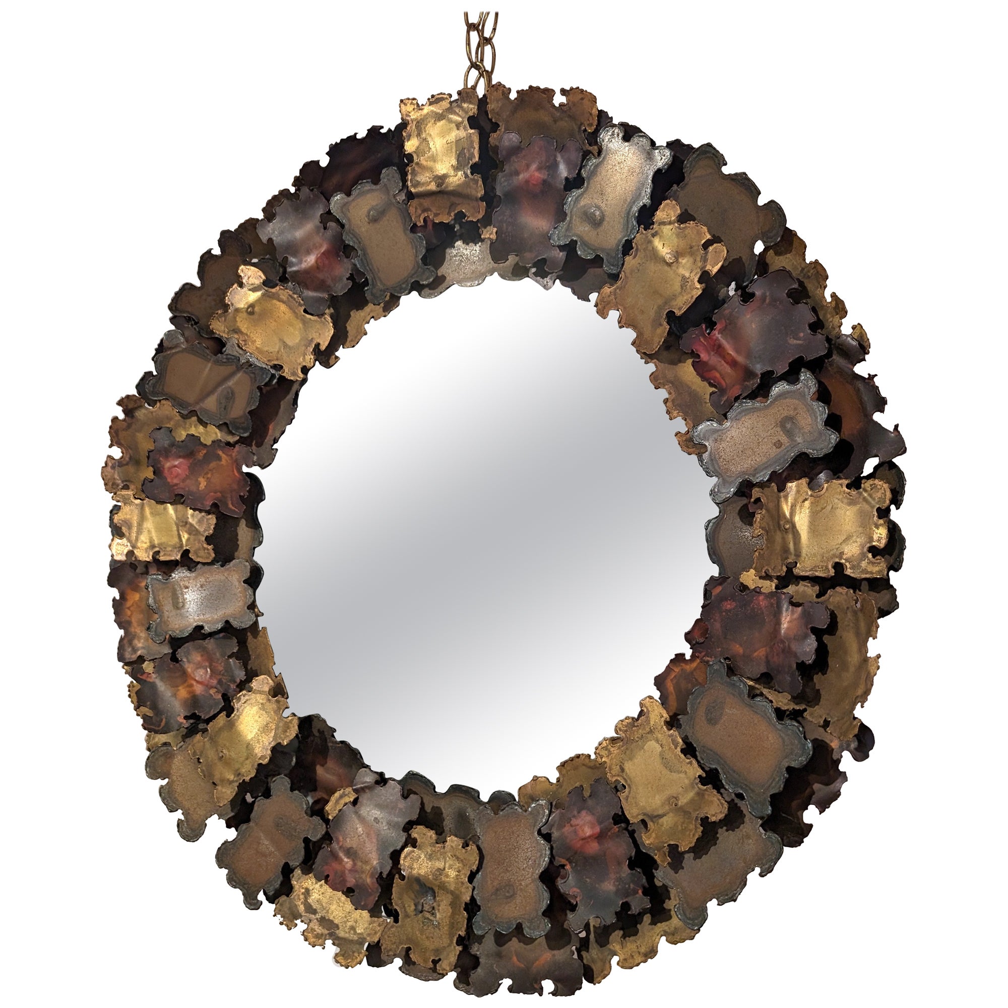 Vintage Brutalist American brass and copper Curtis Jere style wall mirror 1970s