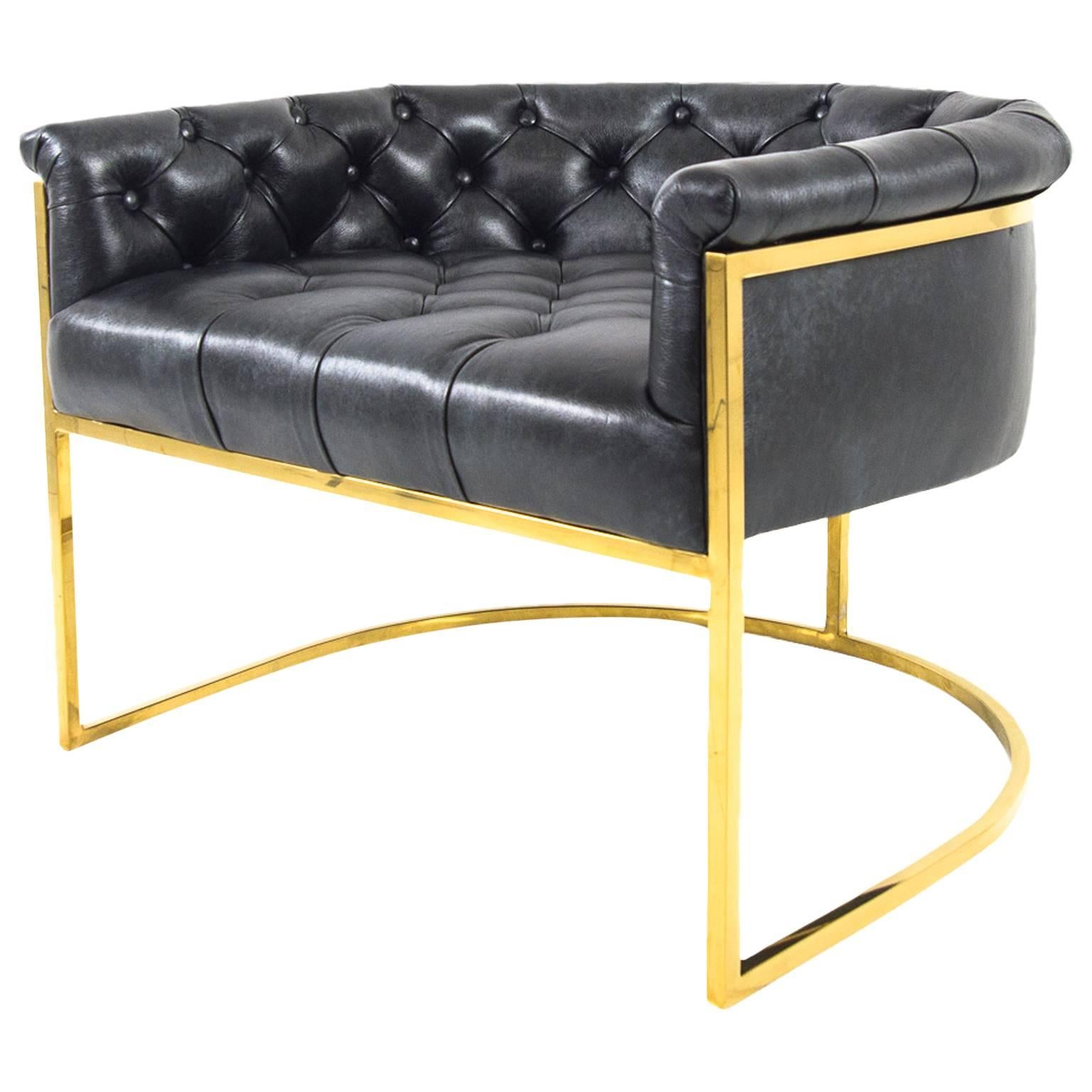 Mid-Century Style Lisbon Chair in Black Leather with Curved Slim Brass Frame For Sale