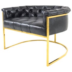 Mid-Century Style Lisbon Chair in Black Leather with Curved Slim Brass Frame