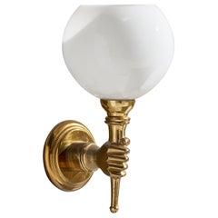 French Designer, Wall Light, Brass, Glass, France, 1950s