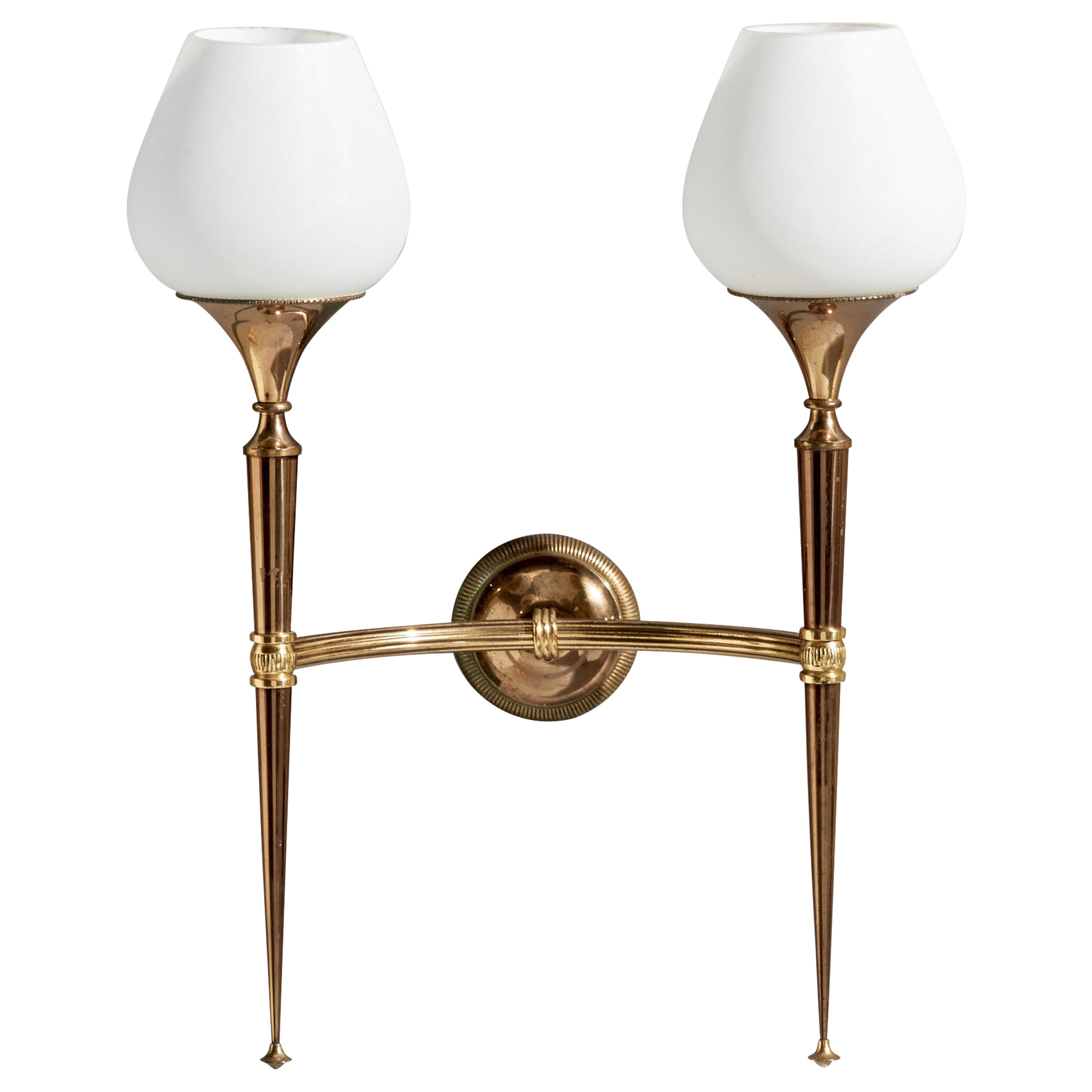 French Designer, Wall Light, Brass, Glass, France, 1950s