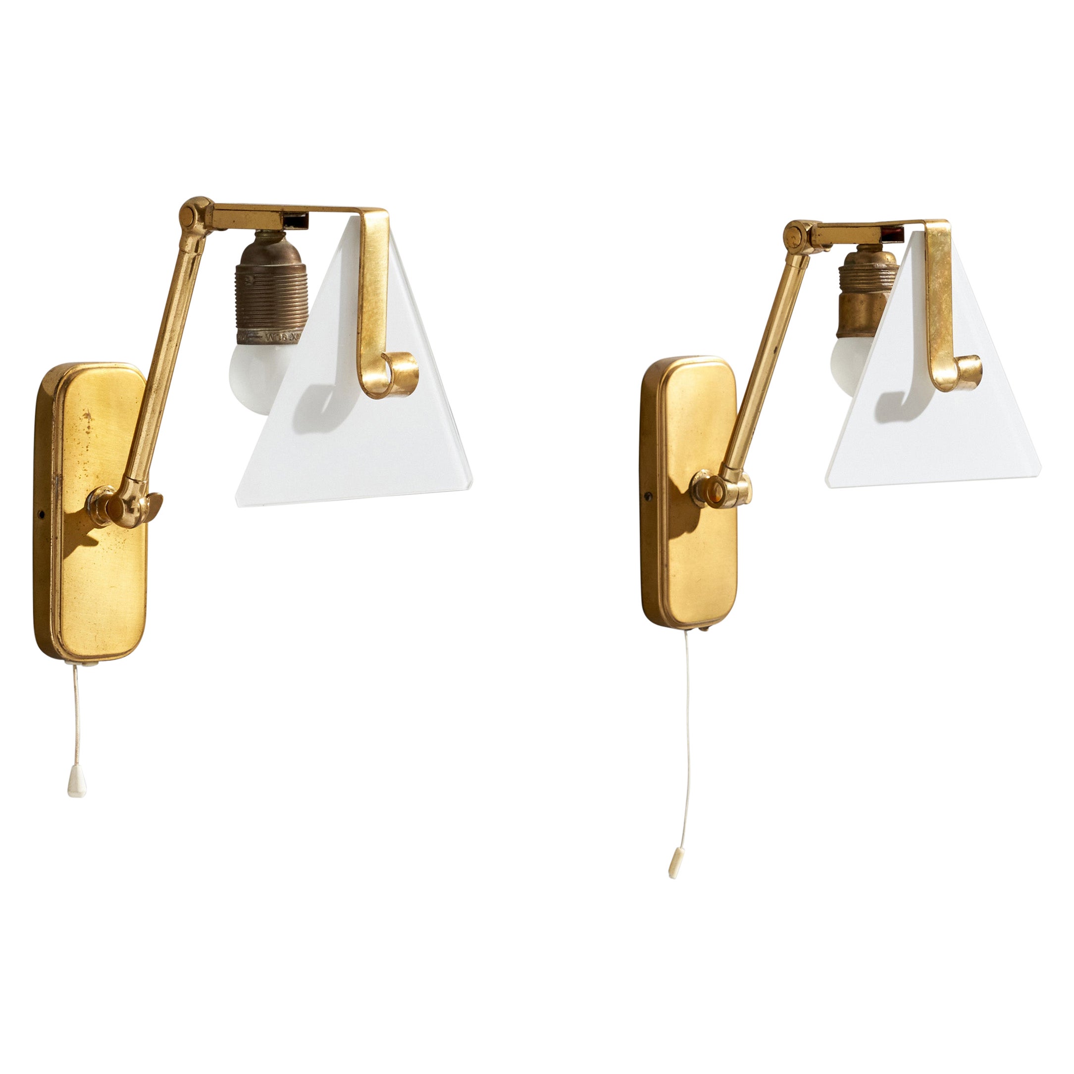 Hillebrand, Wall Lights, Brass, Glass, Germany, 1950s
