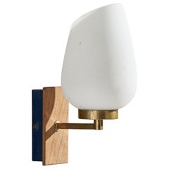 Swedish Designer, Wall Light, Brass, Oak, Glass, Sweden, 1950s