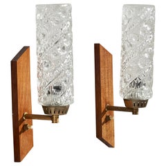 Swedish Designer, Wall Light, Brass, Teak, Glass, Sweden, 1950s