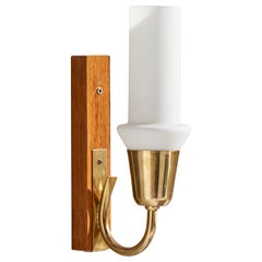 Swedish Designer, Wall Light, Brass, Teak, Glass, Sweden, 1950s