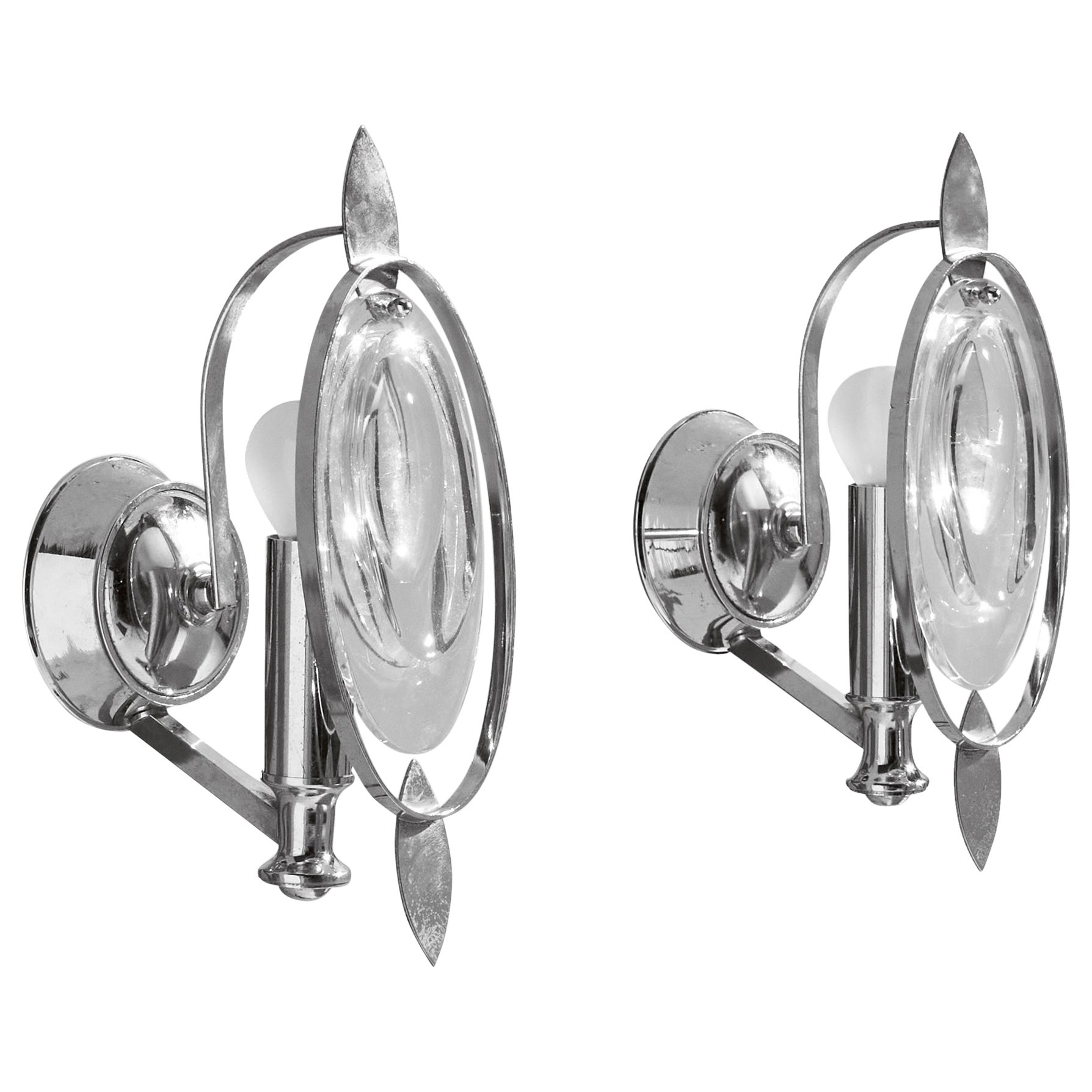Oscar Torlasco Attribution, Wall Lights, Chrome, Glass, Italy, 1970s