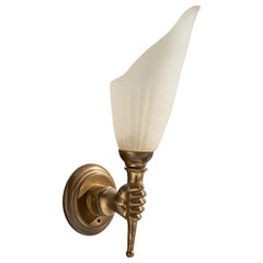 French Designer, Wall Light, Brass, Glass, France, 1950s