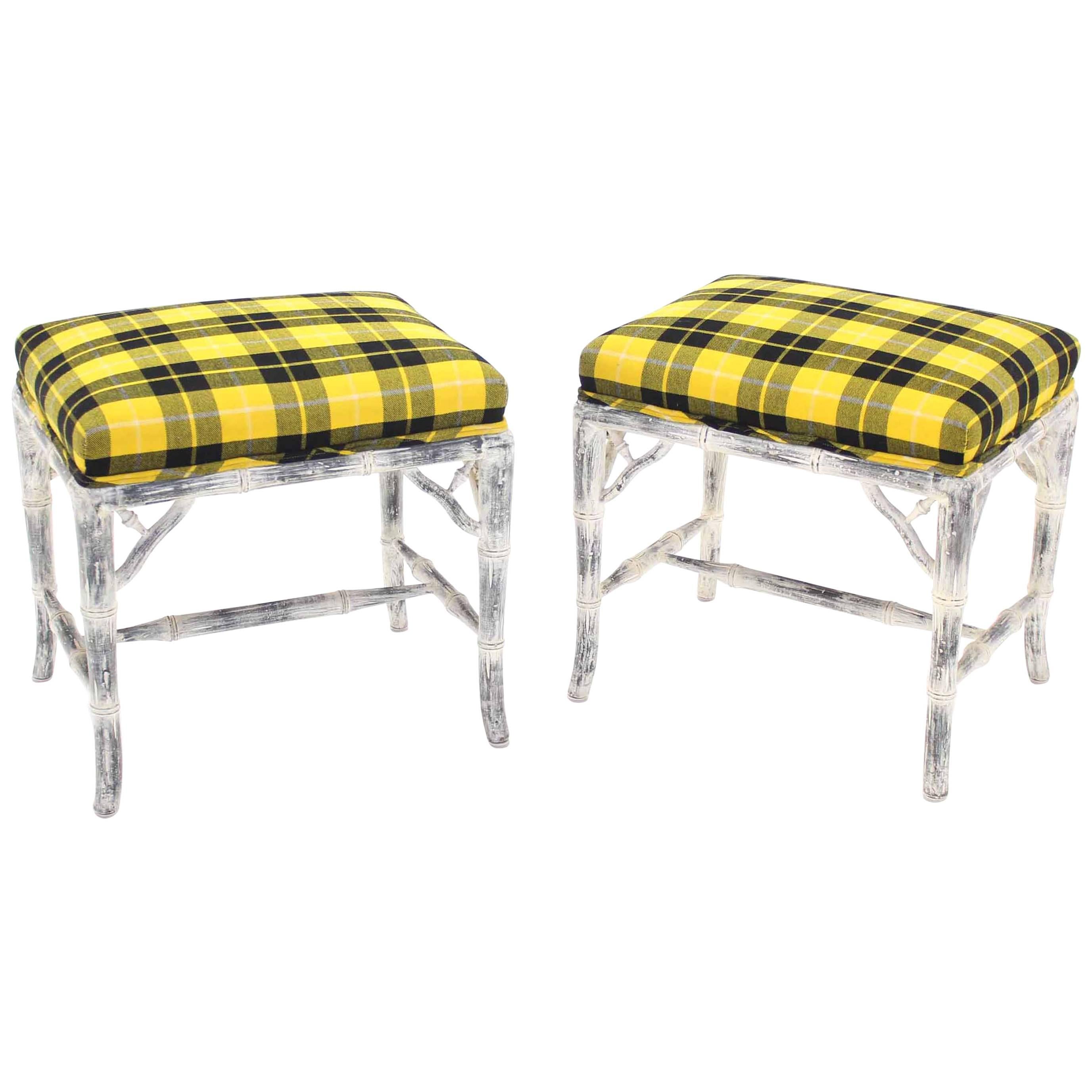 Pair of Faux Bamboo White Wash Finish Yellow Black Plaid Upholstery Benches For Sale