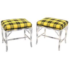 Pair of Faux Bamboo White Wash Finish Yellow Black Plaid Upholstery Benches 3