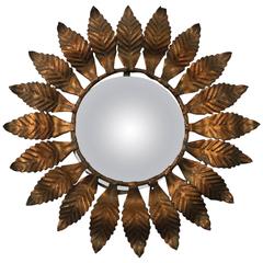 Spanish Gilt Metal Small Sunburst Mirror with Leaves