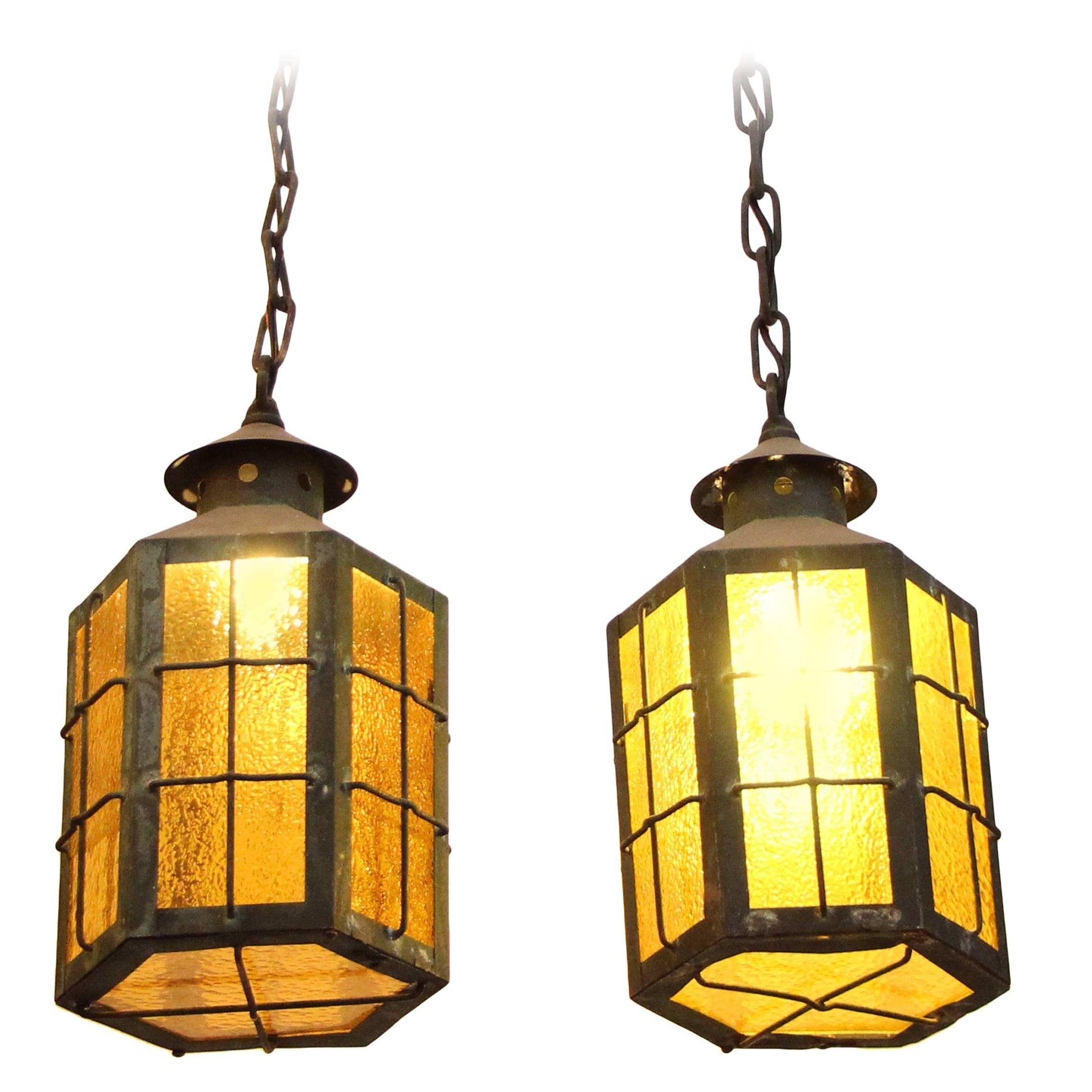 1930s Pair of Outdoor Copper Pendant Lanterns with Textured Amber Glass