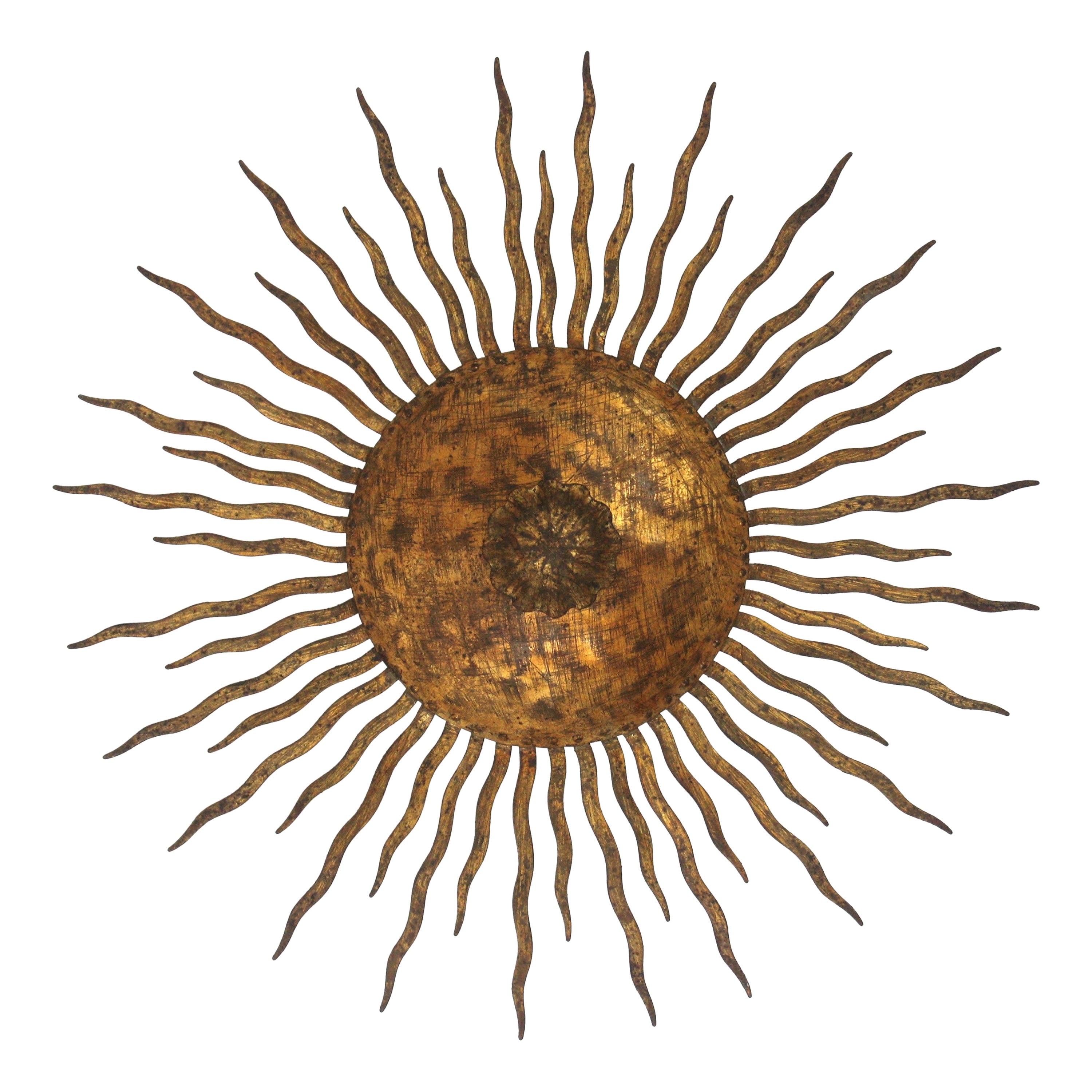 Sunburst Ceiling Light Fixture or Chandelier with Curly Rays, Gilt Iron