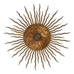 Plafonnier ou lustre Sunburst avec rayons courbes, fer doré