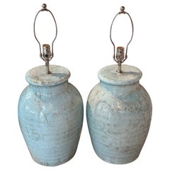 Vintage Pair Pottery Terra Cotta Crackle Glaze Green Table Lamps Newly Wired