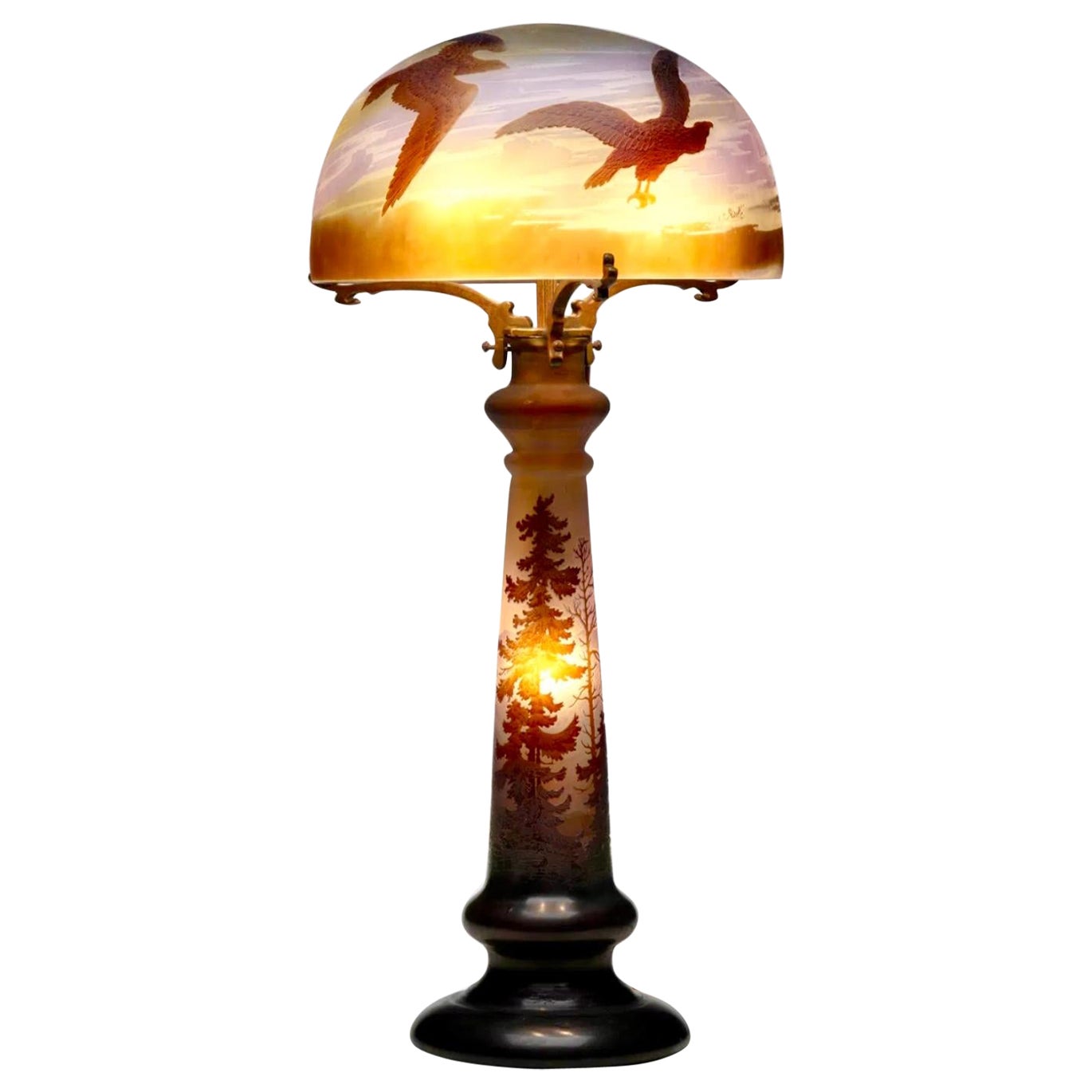 Emile Galle Paysage Vosges Table Lamp With Eagles