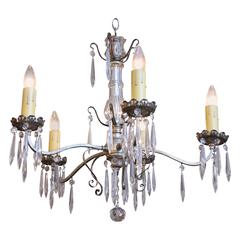 Antique 1910 Delicate Design Silver over Brass Five-Light Crystal Chandelier