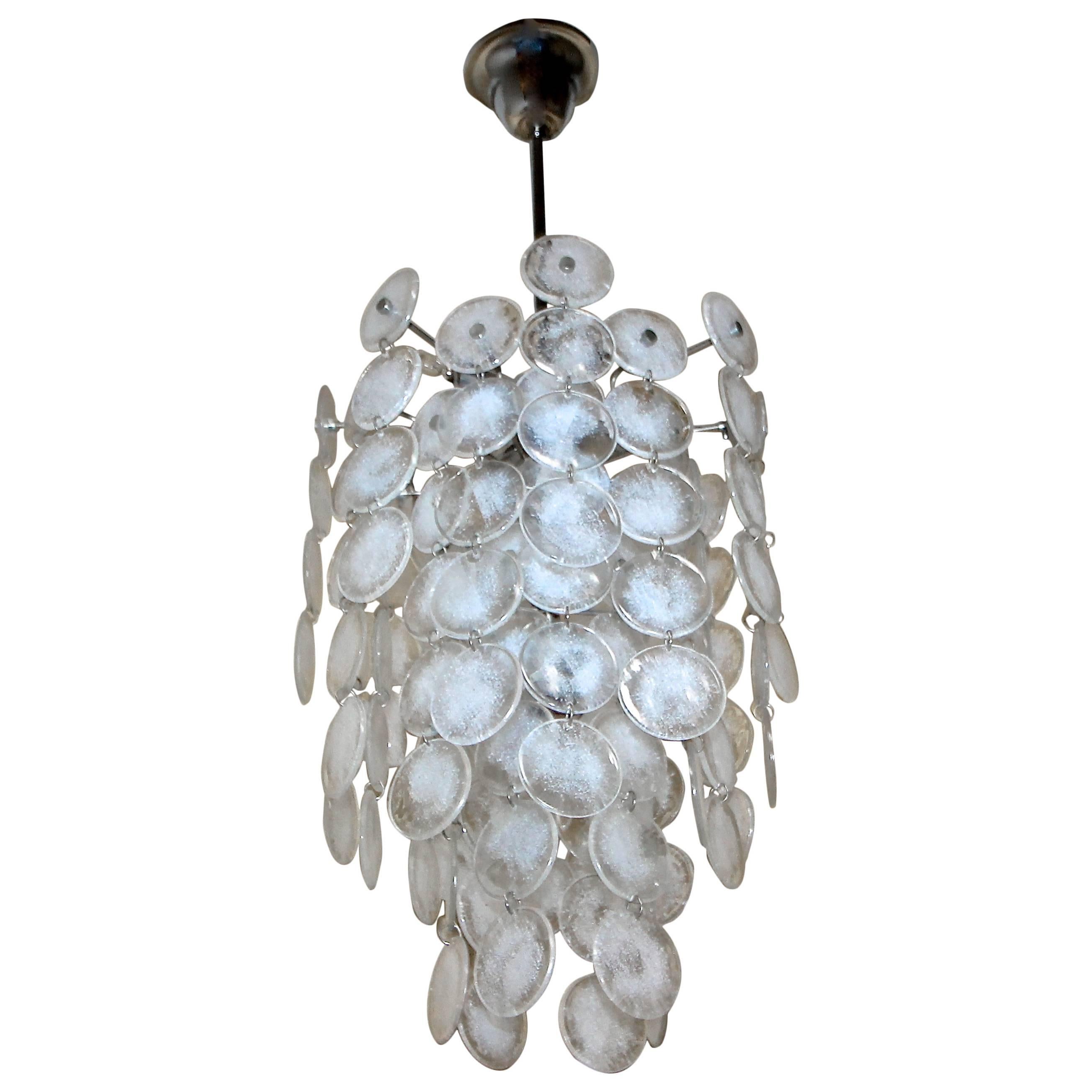 Murano Mazzega Cascading Clear and White Glass Disk Chandelier For Sale
