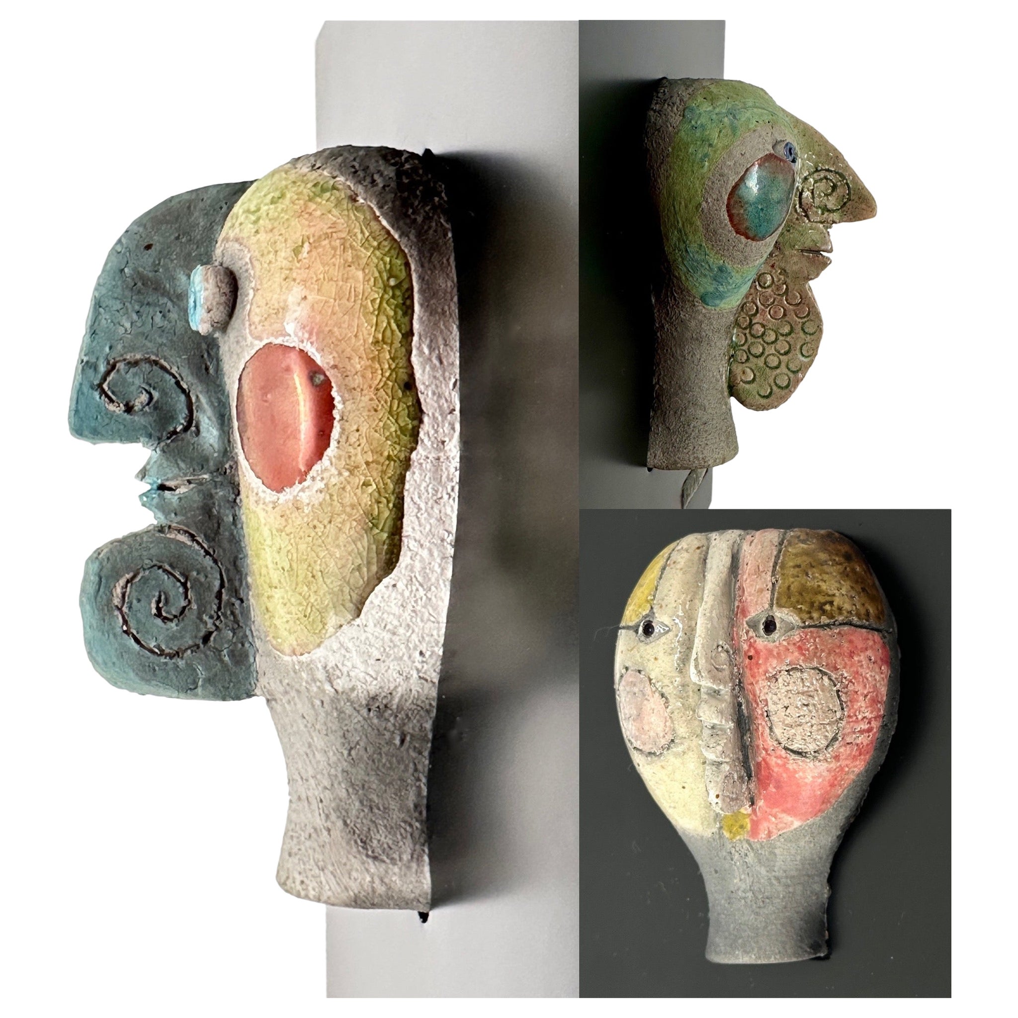 Suite de 3 masques Raku, Roger Capron, Vallauris 1996